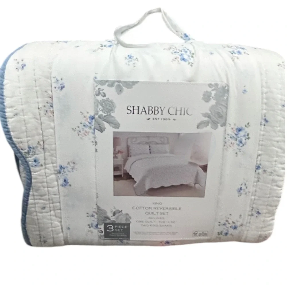 Shabby Chic Cotton Reversible Floral Blue and White King Quilt Set